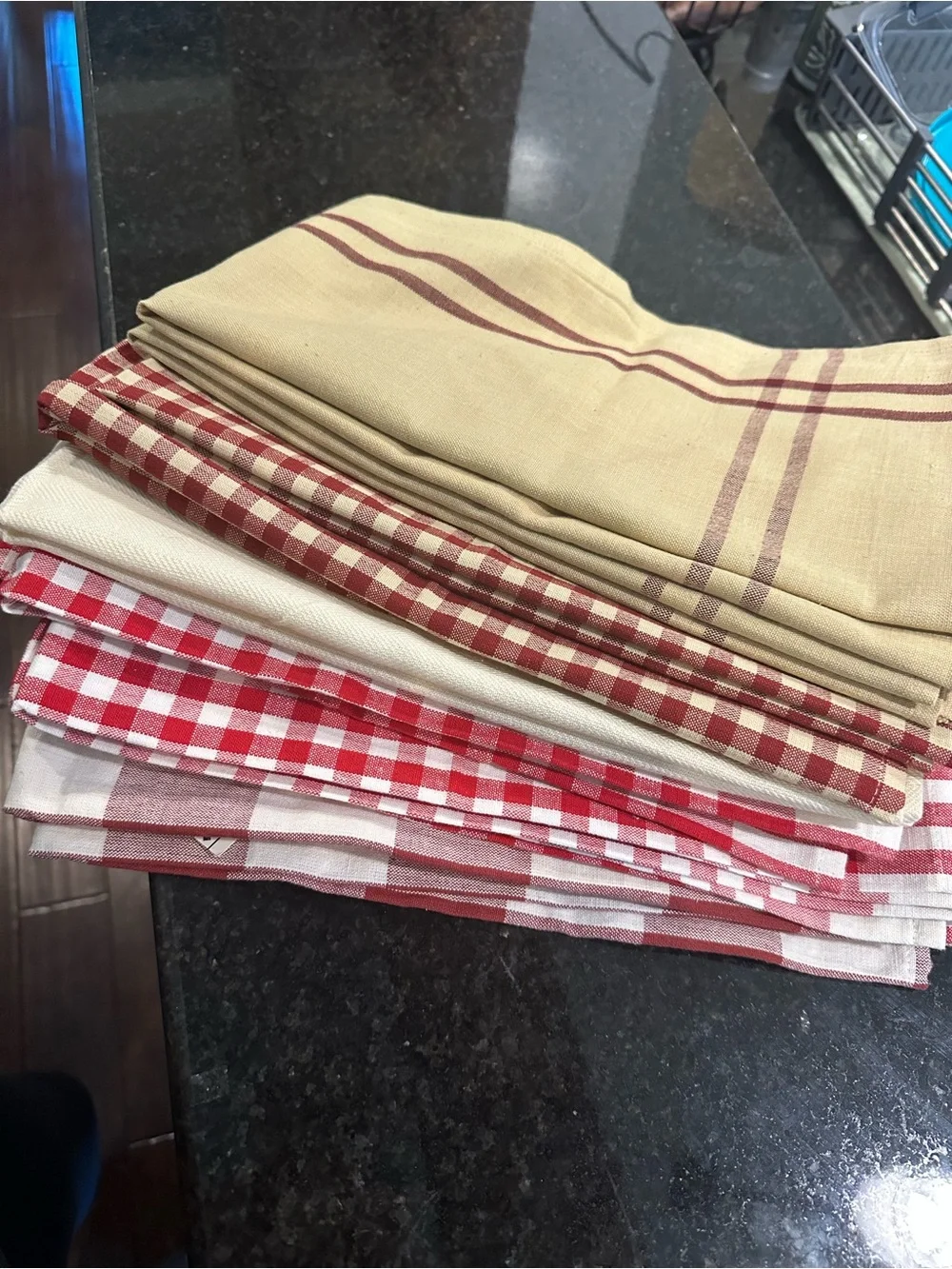 Set of 11 Assorted Checked and Solid Kitchen Towels - Red, Cream, Beige